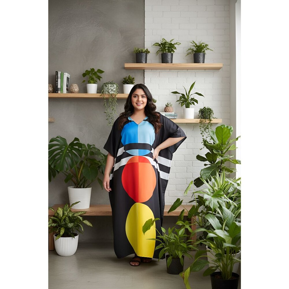 Women Plus Size Black Polyester Kaftan Maxi Dress Summer Beach Party Dresses
